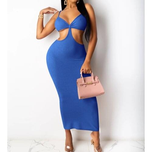 Wsevypo Women Straps Midi Dress Sexy Party Club Deep V-neck Cutout Sheath Sundress Solid Color Backless Bodycon Sheath Dress