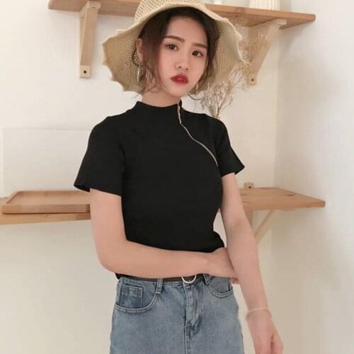 New Womens Korean Solid Stripe Vertical Collar Oblique Zipper Summer Casual Slim Knitted Short Sleeve T-Shirt YUHN1