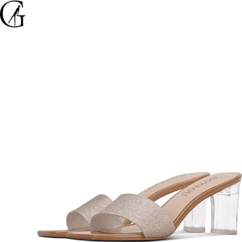 GOXEOU Womens Slippers PVC Frosted Gold Word Belt Square Toe 6 CM Crystal Thick Heel Fashion Office Lady Sandals Size 32-46