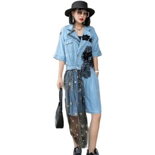 Design Mesh Patch Star Sequins Womens Playsuits 2021 Summer Thin Denim Jumpsuits Wide Leg Pants Package Stretch Waist Rompers