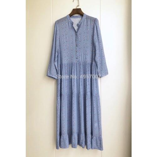 ElfStyle Top Quality Viscose Blue Horse Printing Long Dress With Button Closured - 2020 Summer Female Printed Casual Dress