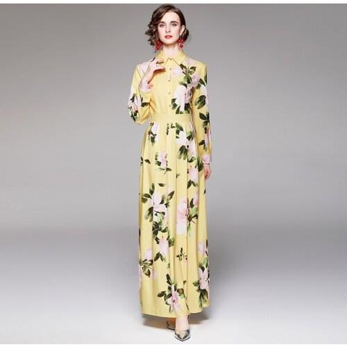 Print Floral Vintage Dresses Women Long Sleeve Runway High Waist 2021 A-Line Maxi Dress Elegant Party Spring Autumn k525
