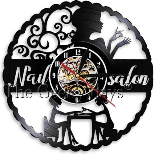 1 Piece Nail Salon Modern Vinyl Record Wall Clock Beauty Polish Manicure Pedicure Business Wall Art Manicurist Room Decor Clock