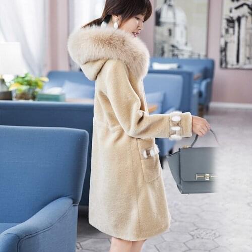 2020 Sheep Shearling Jacket Real Wool Coats for Women Long Winter Coat Natural Fox Fur Collar Hood 18111 WYQ1885