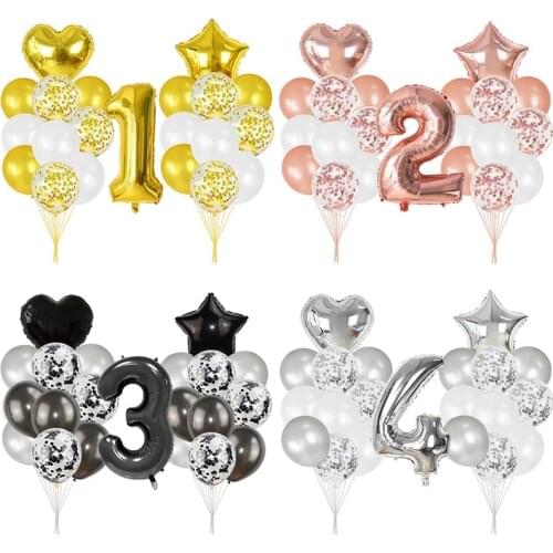 21pcs/set 32'' Foil Number Balloon 18'' Star Heart Ballons Mix 12'' Confetti Latex Globos for Kids Birthday Party Decorations