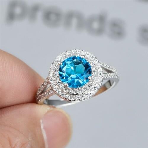 8MM Round Aquamarine Gemstone Engagement Rings For Women 925 Sterling Silver Lab Diamond Ring Female Wedding Bridal Jewelry Gift