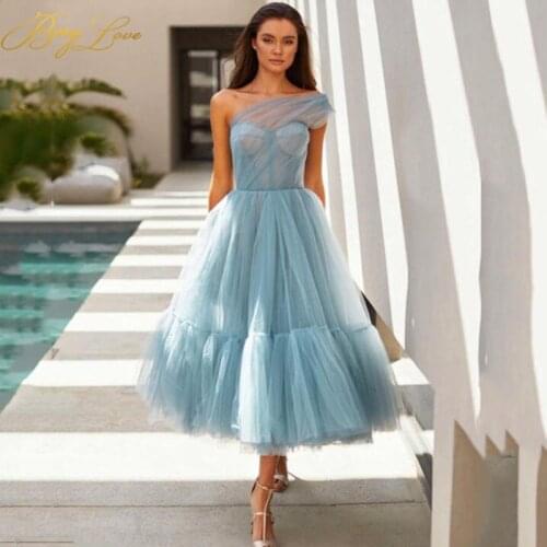 Berylove Blue Pink A line One Shoulder Party Dress Tea Length Pleated Tulle Tiered Evening Dresses Elegant vestido Formal Gown