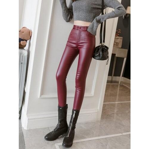 PU pencil pants Faux Leather High Waist Leather Pants Womens New Wear Thin Stretch Leggings Korean Skinny Pants women PU pants