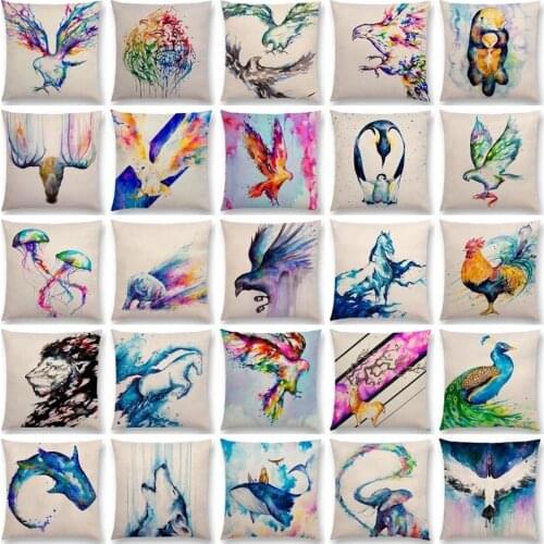 Watercolor Animals Cushion Cover The Cock Eagle Lion Horse Bird penguin Prints Sofa Pillowcase cojines decorativos hogar 40x40