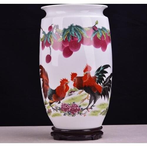 Jingdezhen ceramics master Liu Wen painted Rooster figure quiver vase of the most favorable auspices