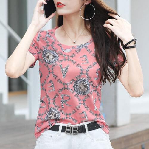 High quality fabric diamond printed short sleeve T-shirt ladies spring and summer new Korean loose slim large size jacket