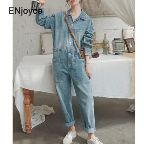 2021 Spring Denim Jumpsuit Women Korean Style New Vintage Long Sleeve Loose Wide Leg Jumpsuits Casual Overalls Romper Body suit