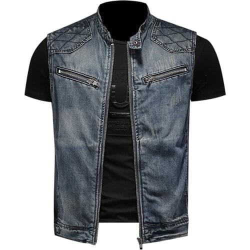 Mens Motorcycle Biker Denim Vest Vintage Blue Embroidery Zippers Pockets Sleeveless Jackets Punk Cowboy Fashion Wasitcoat M-6XL