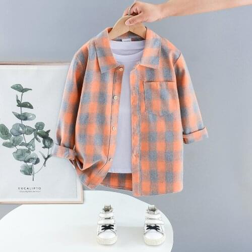 Boys Shirt Plaid Spring Autumn 2021 New Uniform Long-sleeved Children Personalized Cardigan School Clothes Blouse for 4 10 12 Y