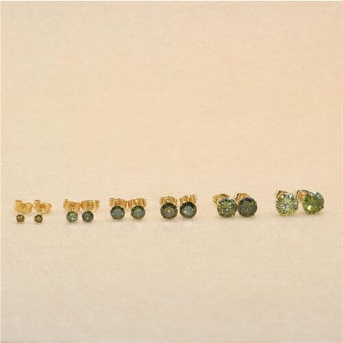 Size 3mm to 8mm 316L Stainless Steel Olive Green Color Round Zircon Stud Earrings No Fade Allergy Free Brief Jewelry