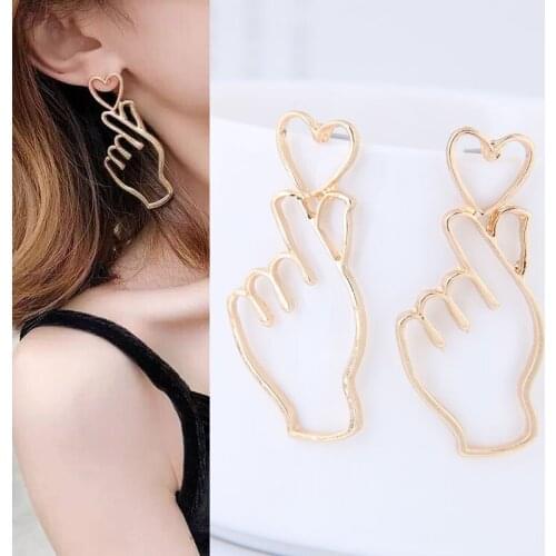 Korean Simple Hollow Hand Stud Earrings Women Jewelry Wholesale Abstract Art Show Your Love Heart Gesture Earrings Metal