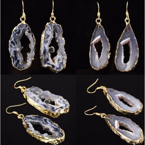 TUMBEELLUWA Natural Irregular Crystal Geode Slice Drusy Gem Stone Gold Tone Drop Hook Ear Earrings
