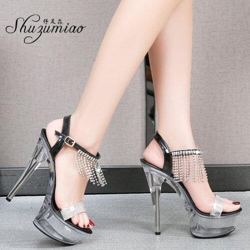 Shuzumiao Women Shoes High Heels 15CM Sexy Sandals Woman Platform Transparent Heels Wedding Shoes Clear Sandals Bride Stripper