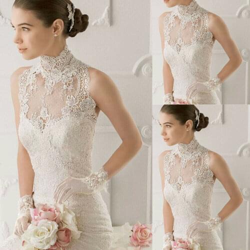 Vintage New Sleeveless Wedding Bolero High Neck Bridal Jackets Lace Short Top Custom Made Ivory White Shrugs Capes Jacket Wraps