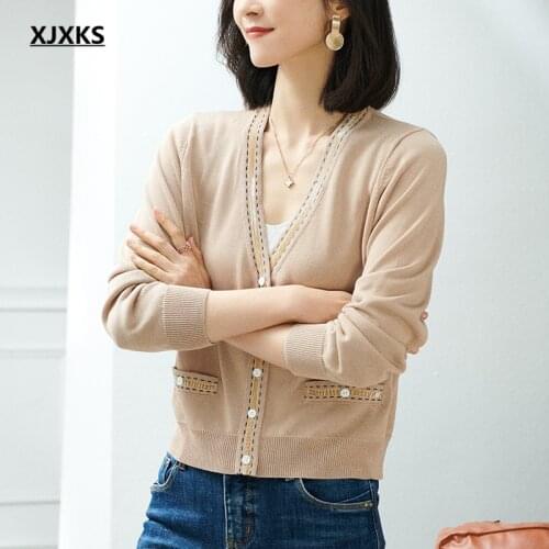 XJXKS 2021 spring autumn new women short cardigan fashion V-neck comfortable wool knitted sweater women small jacket