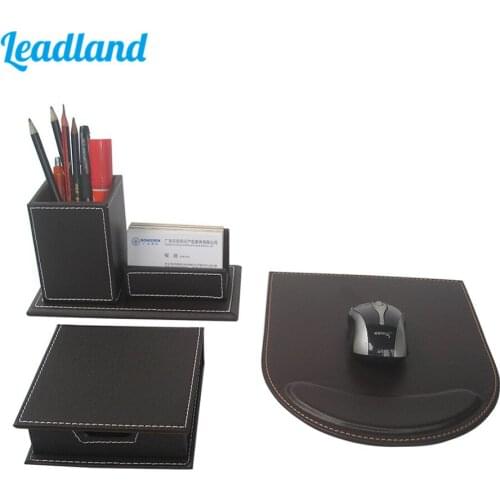 3 Pcs/Set Modern Upscale PU Leather Office Supplies Desk Sets, Pen Holder Card Stand, Memo Case Mouse Pad Desk Organizer