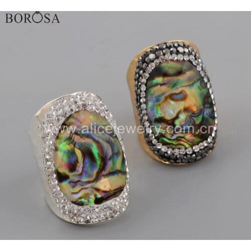 BOROSA 5PCS Gold Plated Pave Rhinestone Natural Abalone Shell Faceted Bang Ring Natural Shell Band Rings Jewelry JAB962