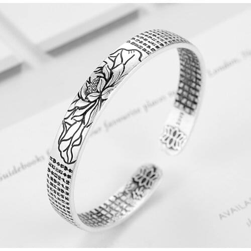 Bracelet Lotus Buddhist Scriptures Bangle Ethnic Bracelets & Bangles Ancient Silver color Bracelets For Women Jewelry