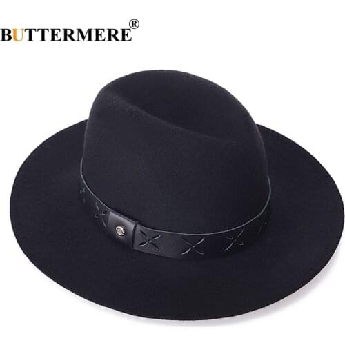 BUTTERMERE Black Fedoras Men Wool Felt Hat Women Wide Brim Pork Pie Hat Female Btitish Style Caps Autumn Winter Trilby Hats Red