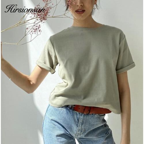 Hirsionsan 100% Cotton Oversized T Shirt Women Harajuku Basic Loose Short Sleeve Tees Soft Female Solid Tops Khaki Summer Jumper