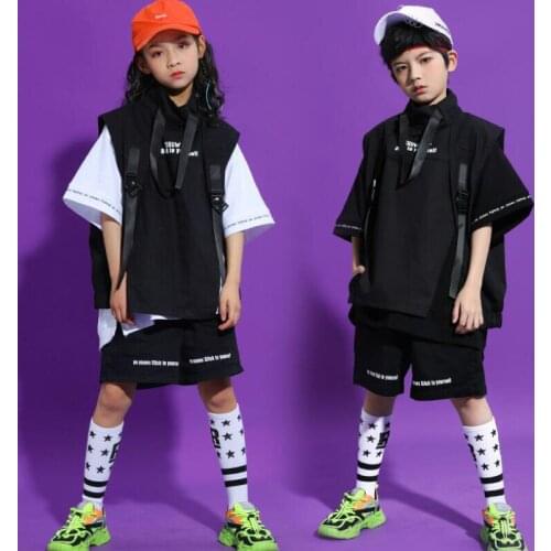 Girls Cool Jazz Dancing Costumes Tshirt Sleeveless Vest Cargo Short Pants Kids Boys Hip Hop Dance wear Outfits Stage Clothes