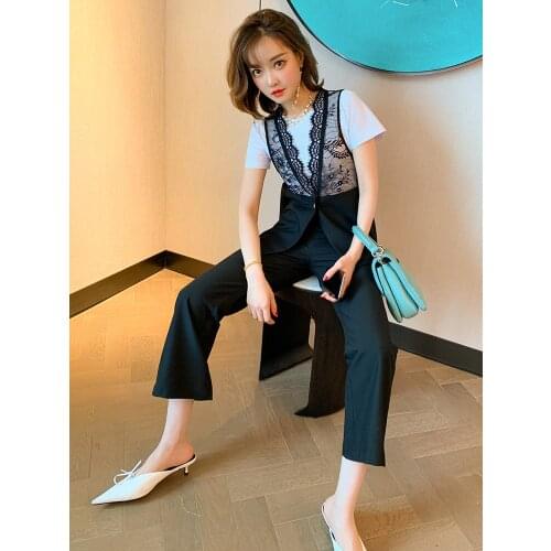 Top Quality Stitched LACE VEST+Basics T Compassionate+Three piece high waist flared pants