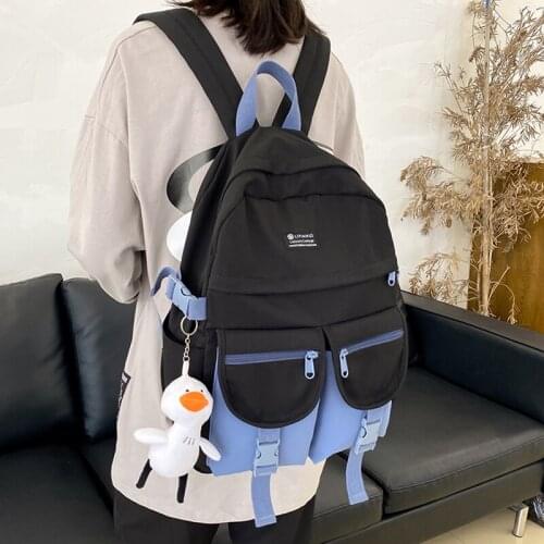 HOCODO Fashion Contrast Backpack Women Waterproof Nylon Backpack Panelled Multi-Pocket School Bag For Teenage Girls Shoulder Bag