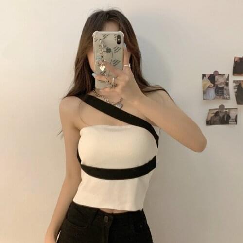 Color-blocking One-shoulder Sling Small Camisole, Womens Inner Wear, Summer New Style, Slim Design, Outer Wear Knit Top
