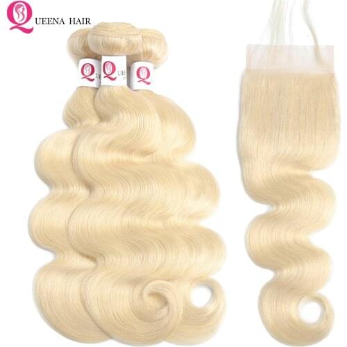 Raw Indian Hair Body Wave 613 Bundles With Closure Baby Hair Pre Colored Remy Human Hair Extensions Blonde Bundles With Closure