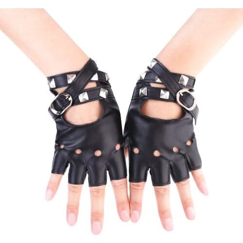 Punk Wrist Gloves Rivets Belt Up Half Finger PU Leather Rock-and-roll Fingerless Short Gloves Biker Driving Leather Accessories