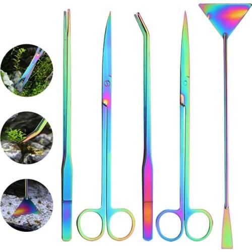 DIYFIX 5PCS Stainless Steel Titanium-mirror Scissors Tweezers Flat Sand Aquarium Cleaning Tool Landscaping Maintenance Tool Kit