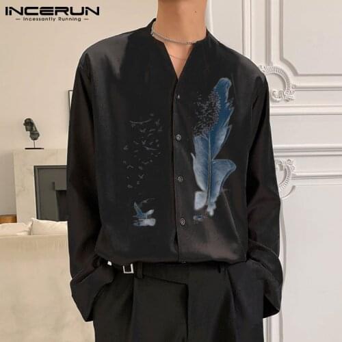 INCERUN Men Casual Shirt Printing V Neck Long Sleeve Retro 2021 Button Loose Men Clothing Streetwear Autumn Leisure Camisa S-3XL