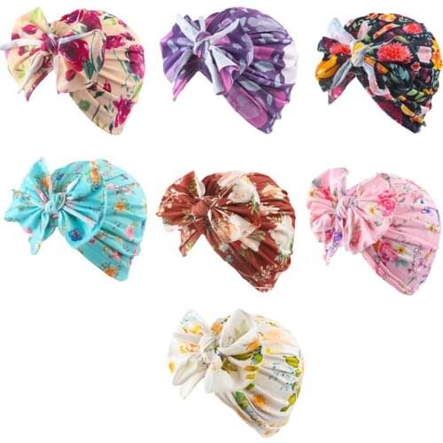 Big Bow Baby Girls Turban Hat Floral Print Newborn Baby Hat Soft Cotton Elastic Infant Toddler Kids Cap Beanies Headwrap 0-12M