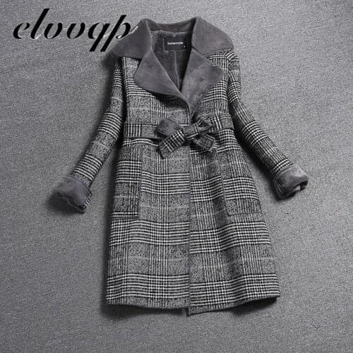 Woolen Coat Women 2020 New Winter Long Thick Plus Velvet Warm Fur Jackets Elegant Pocket Plaid Belt Ladies Coats high Quality