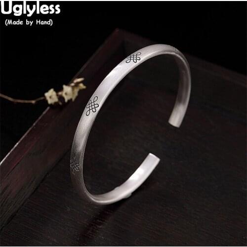 Uglyless Silver Carved Chinese Knot Bangles for Women Simple Adjustable Glossy Bangles Solid 99.9% Fine Silver Bracelets Jewelry