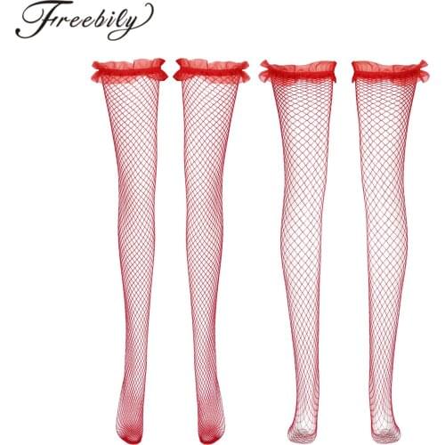 Sexy Fishnet Transparent Stockings Ruffle Lace Suspender Silk Thigh High Over Knee Silk Stockings Cute Erotic Long Stockings