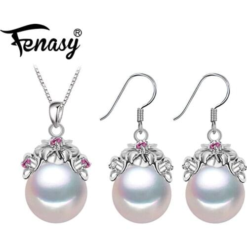 FENASY 925 Sterling Silver Jewelry Sets Natural Pearl Earrings Bohemian Flower Stud Earrings Ruby Pendant Necklaces For Women