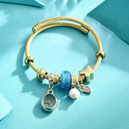 Women Bracelets Bangles Fashion Jewelry Gold Color Stainless Steel Wire Cuff Bracelet Femme Geometric Ball Starfish Charms 2021