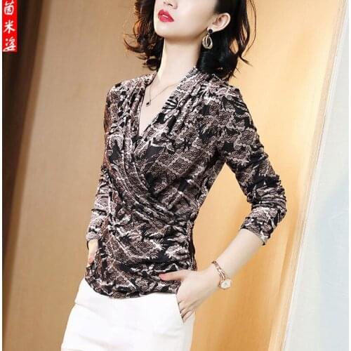 Woman TShirts Spring Long-Sleeve Womens Top 2021 Cross V-neck Printed T-shirt Silk Sweater Crop Top Mujer Camisetas