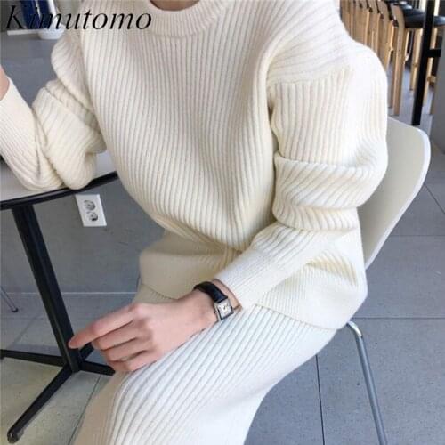 Kimutomo Women Sets 2021 Korea Autumn Sweet Ladies French Round Neck Pit Strip Loose Sweater High Waist Bag Hip Skirt Two-Piece