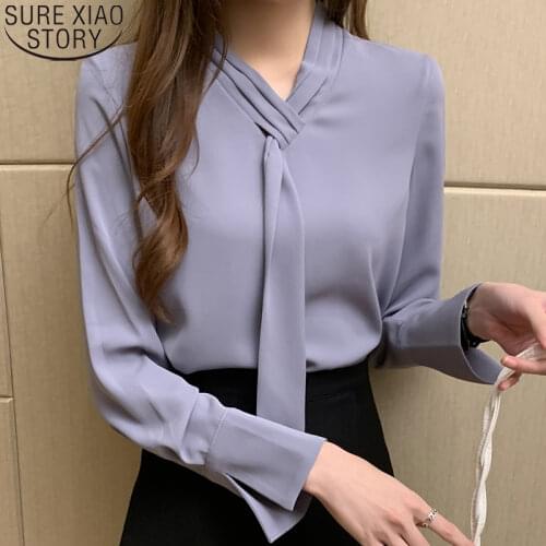 Office Lady Shirts and Blouses Women 2021 Autumn Fashion Bow Shirt Solid Loose Pullover Plus Size Long Sleeve Chiffon Tops 11050