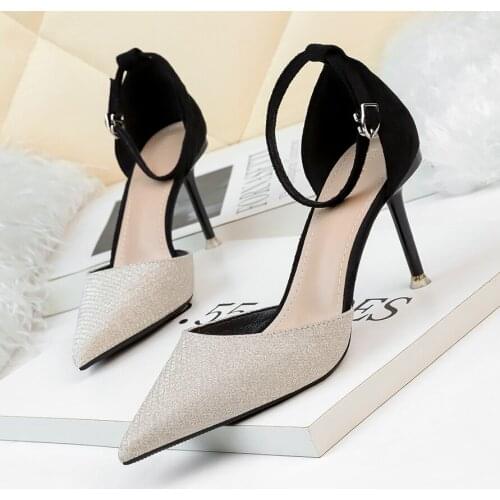 2020 Summer Women Glitter 8cm High Heel Pointed Toe Pumps Designer Gold Silver Heels Office Lady Wedding Bridal Cinderella Shoes