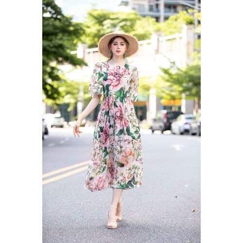 Runway Designer Summer Vocation Beach Dresses Womens Elegant O-Neck Half Sleeve Flower Printed Midi Holiday Vestdios