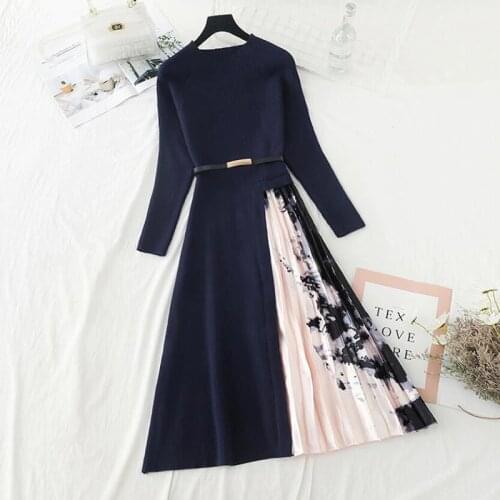 2020 Autumn Winter Knitted Dress Women O-Neck Pleated Long sleeve Sweater Dress Elegant Knit Patchwork Midi Dress With Belt