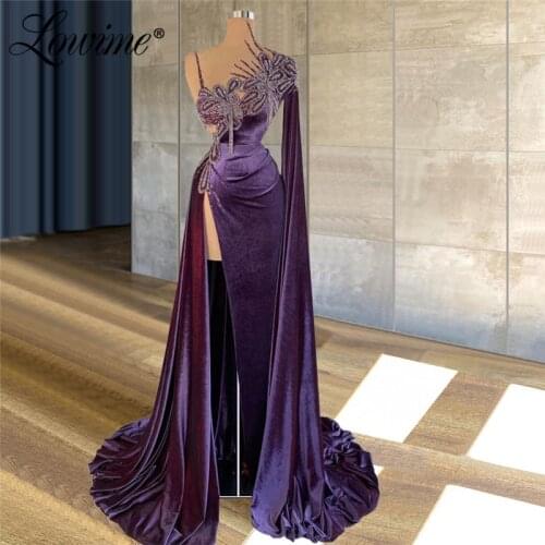 Luxurious Purple Long Evening Dresses 2021 Couture Beaded Tassel Arabic Dubai Puffy Sleeve Women Evening Wear Party Gowns Robes